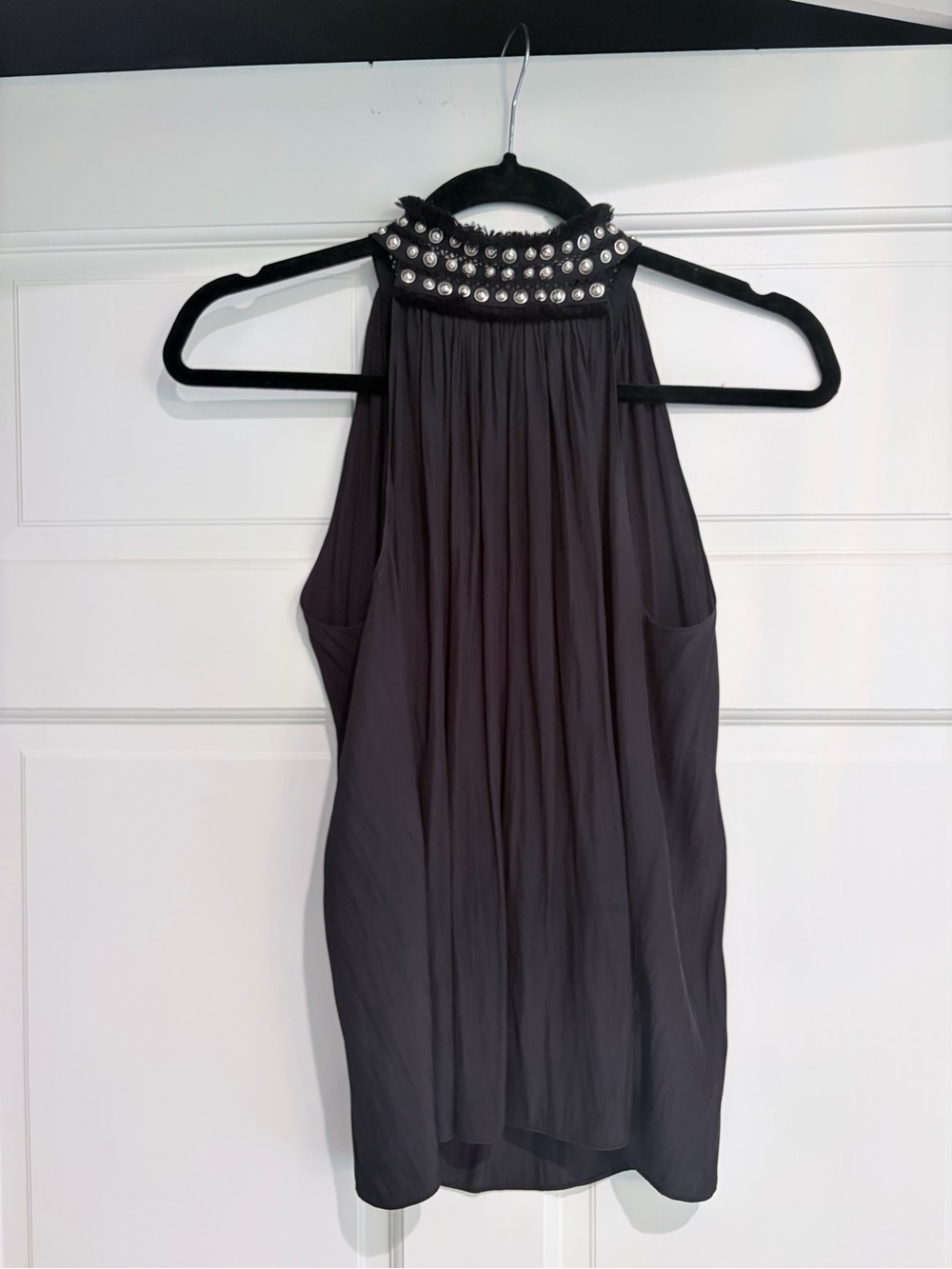 Ramy Brook Black Silk Embellished Halter Top Women’s XS Silver Studded Party
